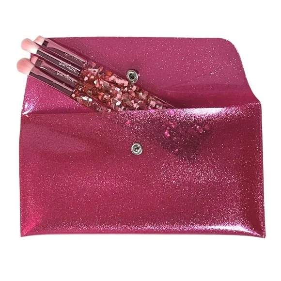 PINK Glitter Hearts Makeup Brush Set with Case NEW! - Picture 9 of 11